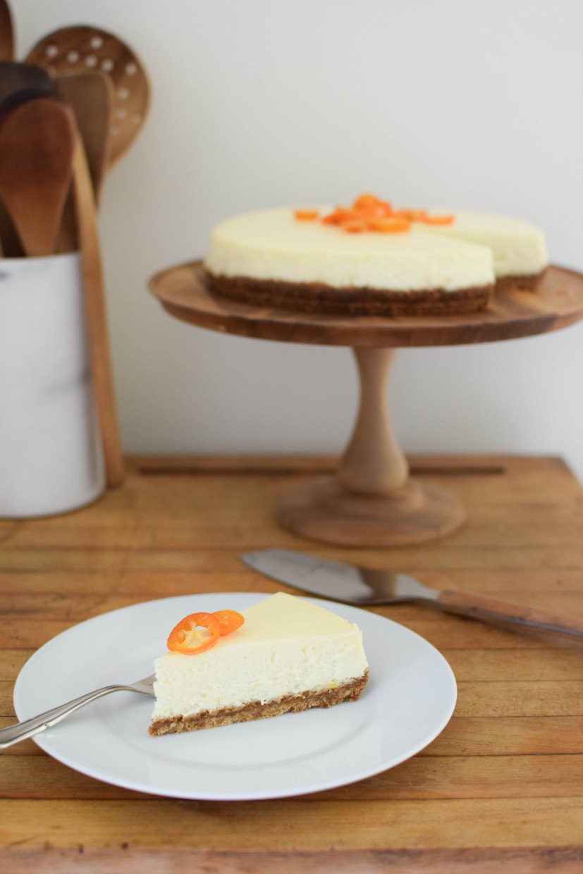 Meyer Lemon Cheesecake with Candied Kumquats | abagofflour.com