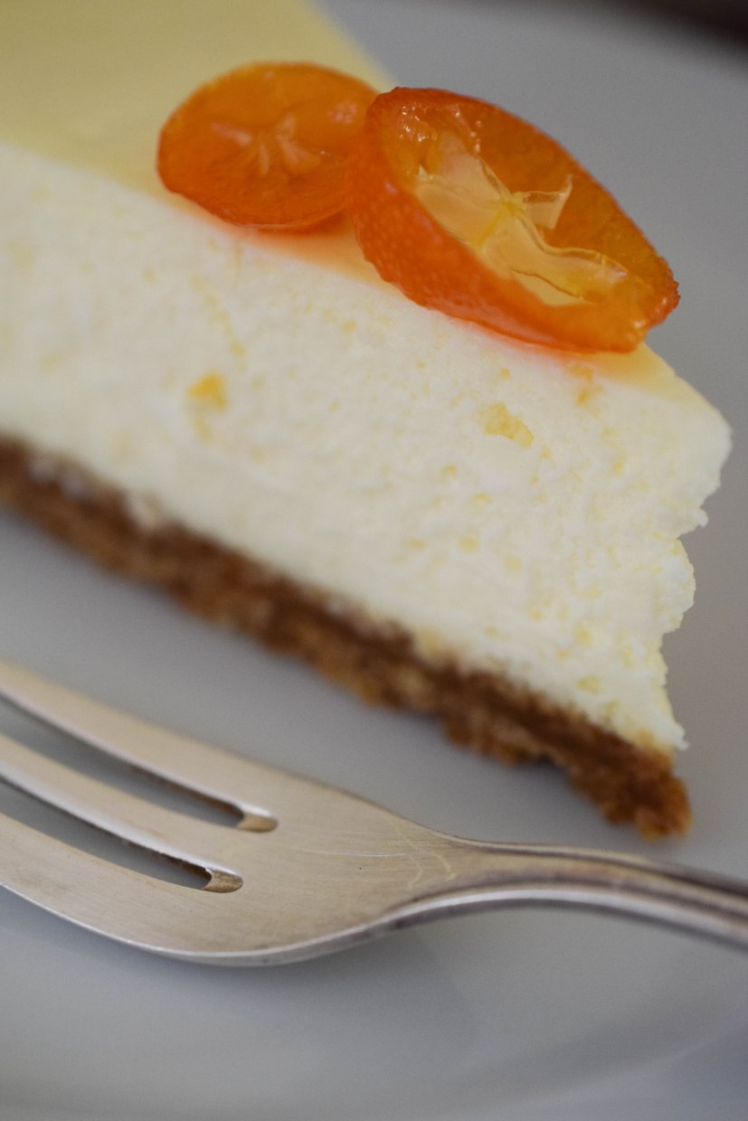Meyer Lemon Cheesecake with Candied Kumquats | abagofflour.com