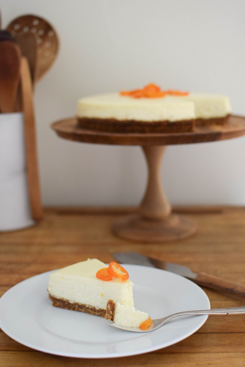 Meyer Lemon Cheesecake with Candied Kumquats | abagofflour.com