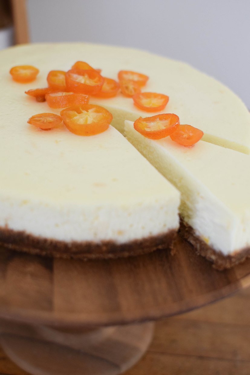Meyer Lemon Cheesecake with Candied Kumquats | abagofflour.com