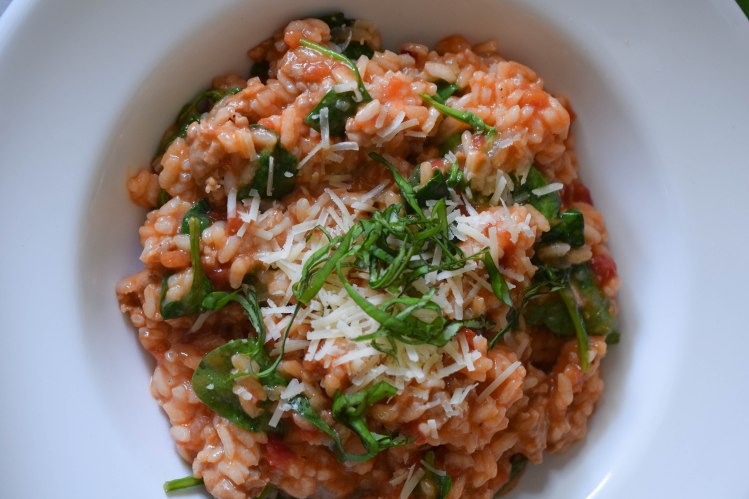 Italian Sausage Risotto with Tomatoes and Spinach | abagofflour.com